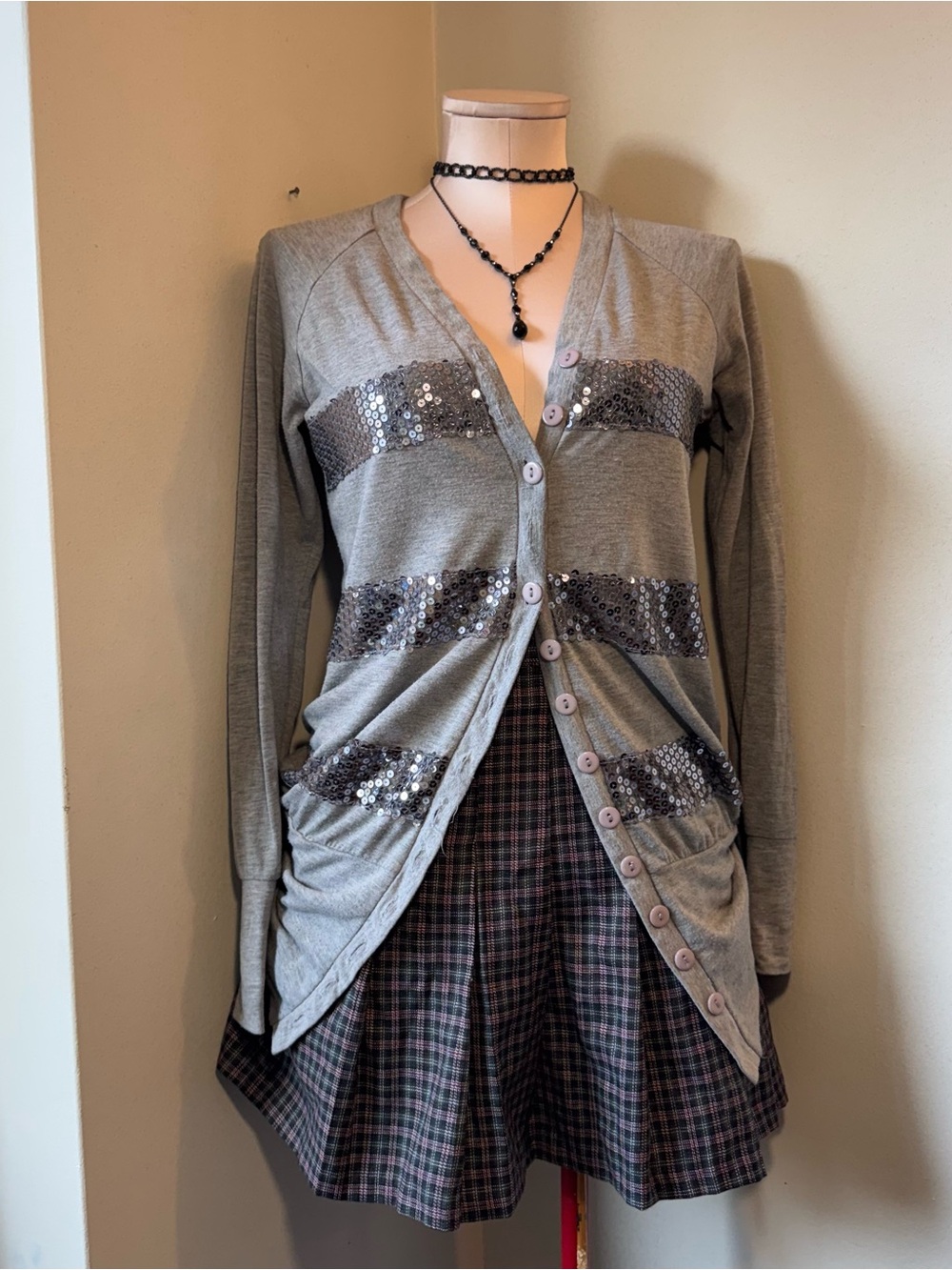 Gray Long Sleeve Sequin Stripe Cardigan